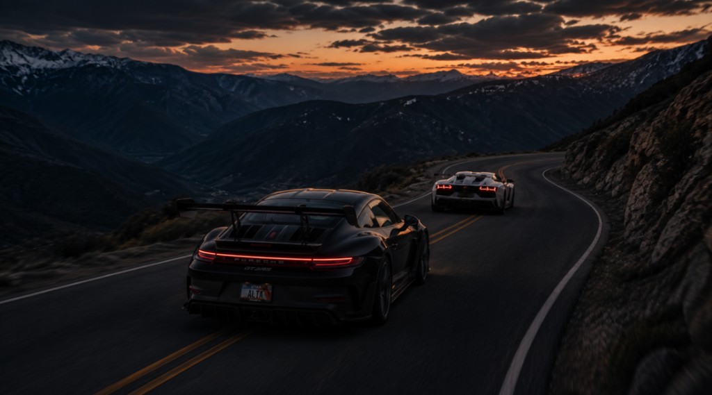 Performance cars on a winding Utah mountain road at dusk